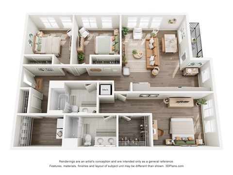 Floor plan for 3 beds, 2 baths, 1336 sqft